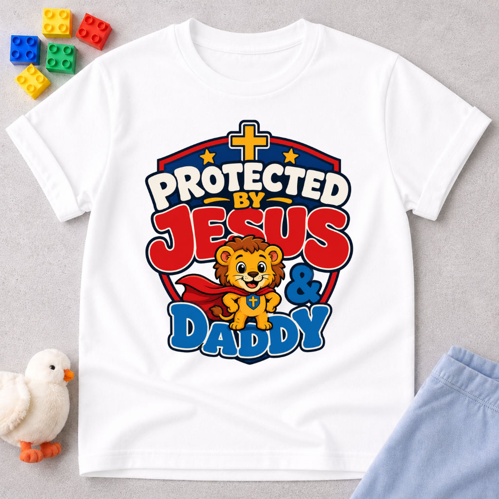 Protected by Jesus & Daddy Christian kids shirt in white featuring a brave lion inside a protective shield
