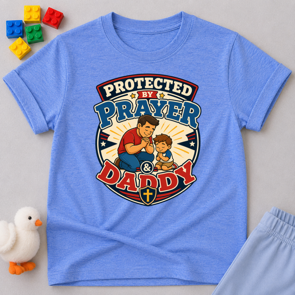 Protected by Prayer & Daddy Christian kids shirt in blue featuring a father and child inside a protective shield
