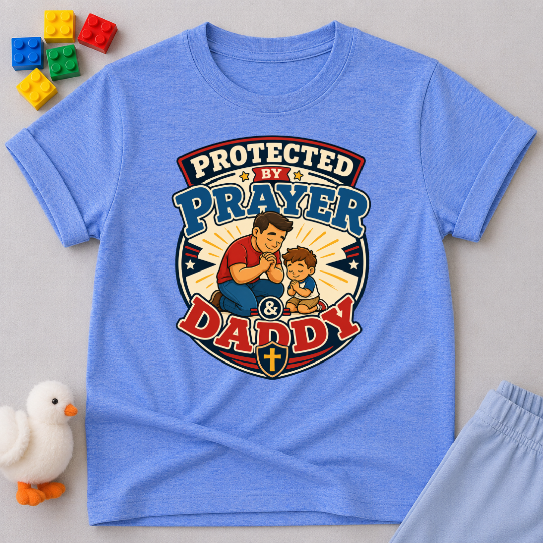 Protected by Prayer & Daddy Christian kids shirt in blue featuring a father and child inside a protective shield
