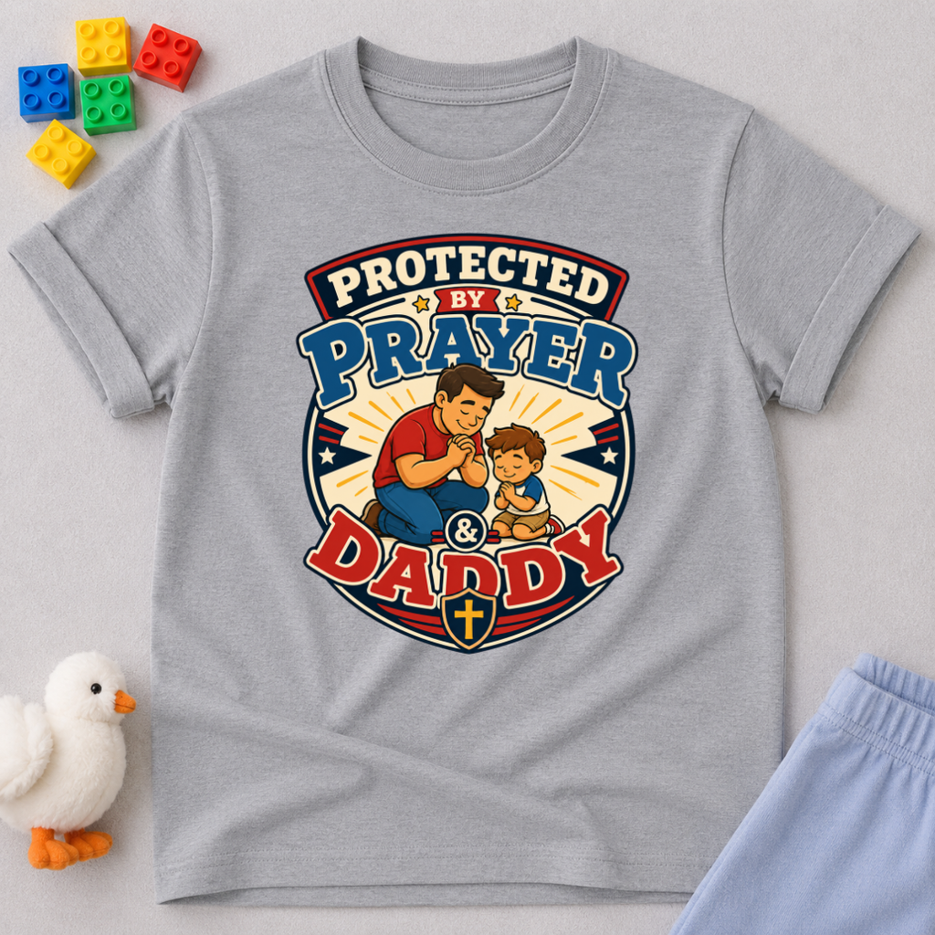 Protected by Prayer & Daddy Christian kids shirt in gray featuring a father and child inside a protective shield
