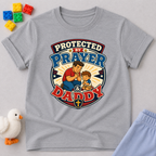 Protected by Prayer & Daddy Christian kids shirt in gray featuring a father and child inside a protective shield
