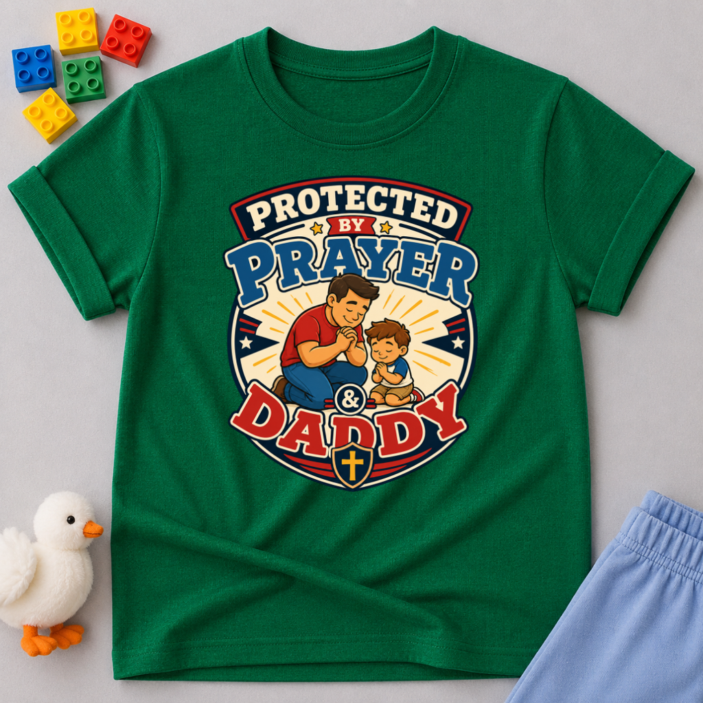 Protected by Prayer & Daddy Christian kids shirt in green featuring a father and child inside a protective shield
