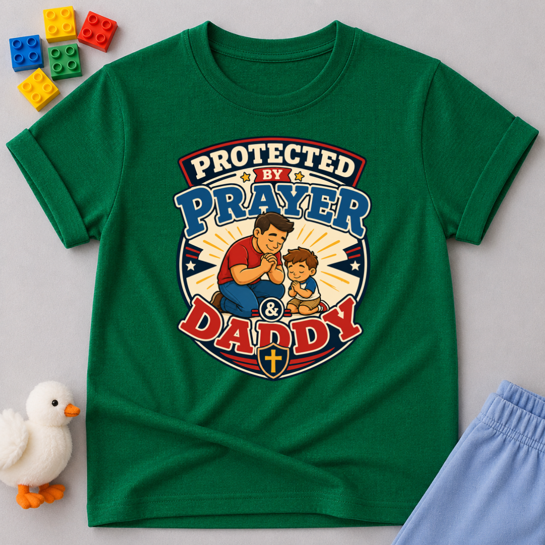 Protected by Prayer & Daddy Christian kids shirt in green featuring a father and child inside a protective shield
