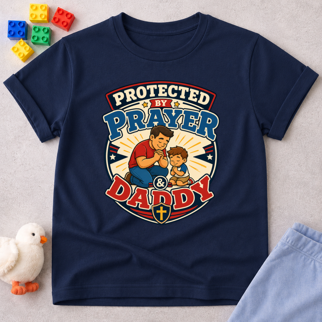 Protected by Prayer & Daddy Christian kids shirt in navy featuring a father and child inside a protective shield
