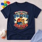 Protected by Prayer & Daddy Christian kids shirt in navy featuring a father and child inside a protective shield
