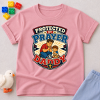 Protected by Prayer & Daddy Christian kids shirt in pink featuring a father and child inside a protective shield
