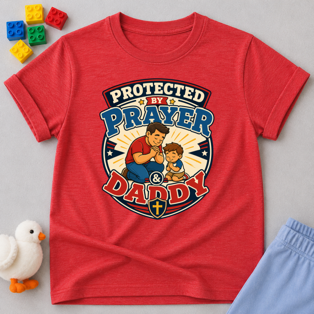 Protected by Prayer & Daddy Christian kids shirt in red featuring a father and child inside a protective shield
