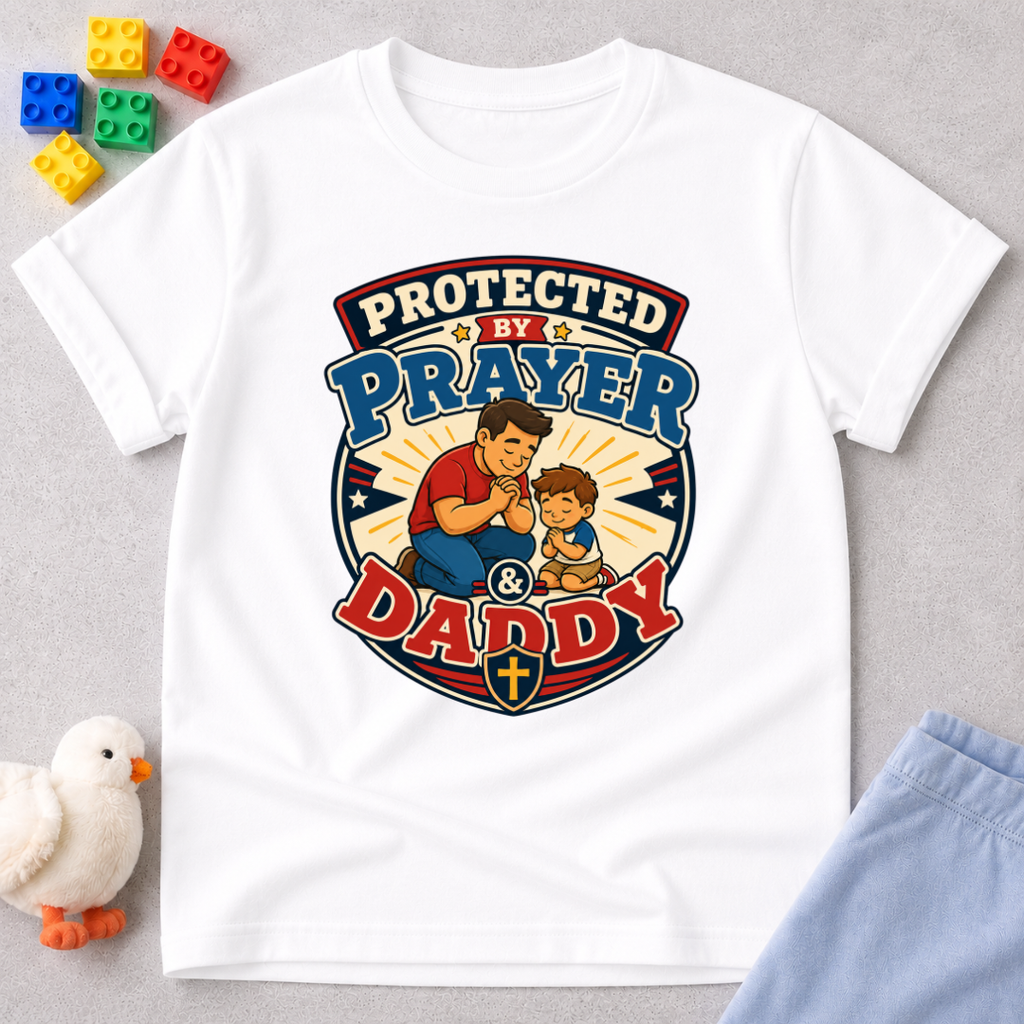 Protected by Prayer & Daddy Christian kids shirt in white featuring a father and child inside a protective shield
