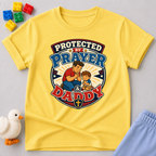 Protected by Prayer & Daddy Christian kids shirt in yellow featuring a father and child inside a protective shield
