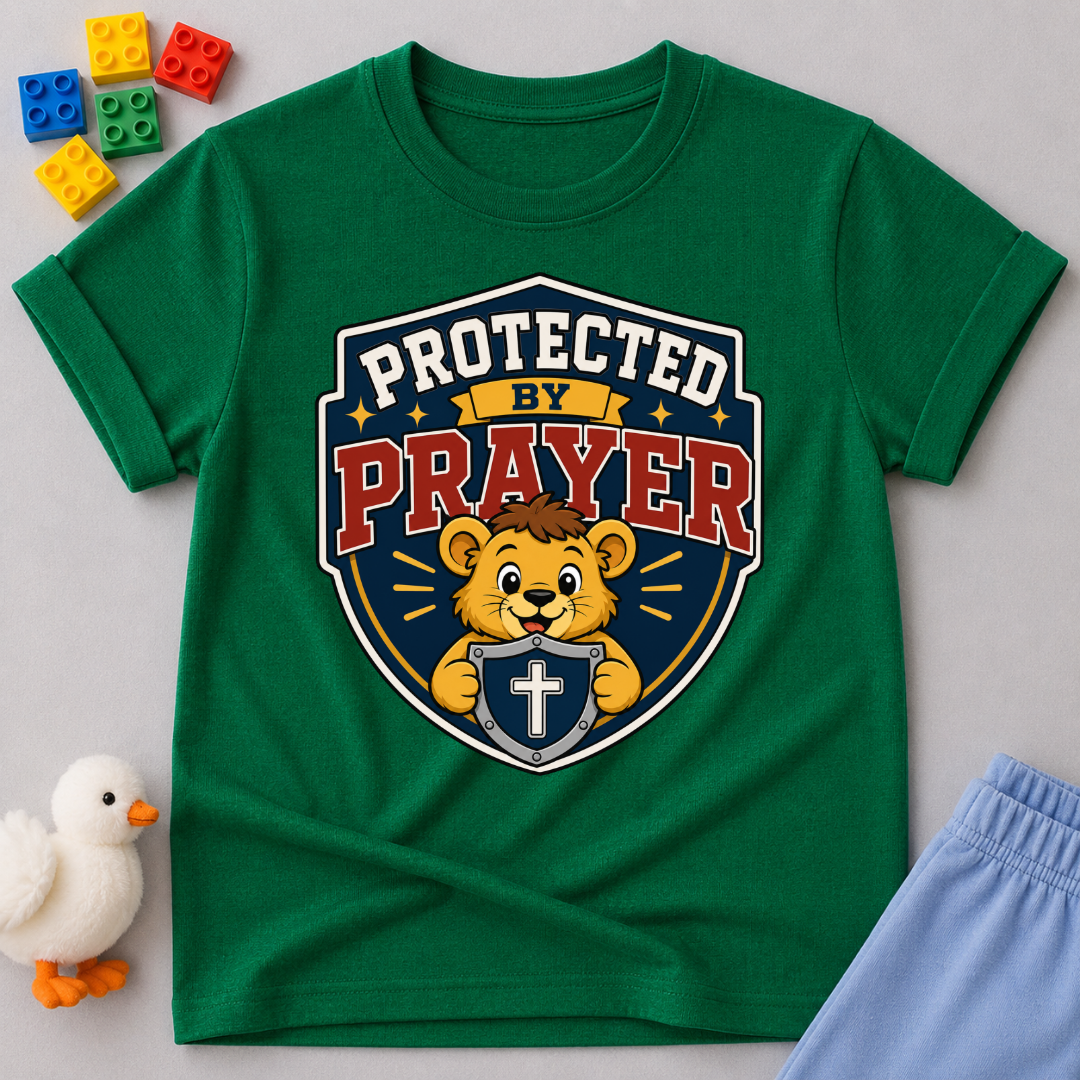Protected by Prayer Shield Christian kids shirt in green featuring a lion inside a protective shield
