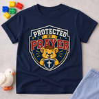 Protected by Prayer Shield Christian kids shirt in navy featuring a lion inside a protective shield
