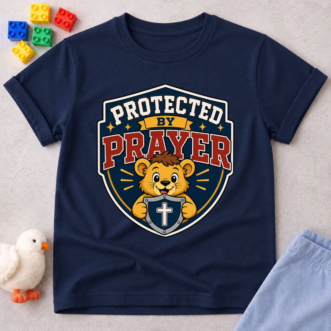 Protected by Prayer Shield Christian kids shirt in navy featuring a lion inside a protective shield
