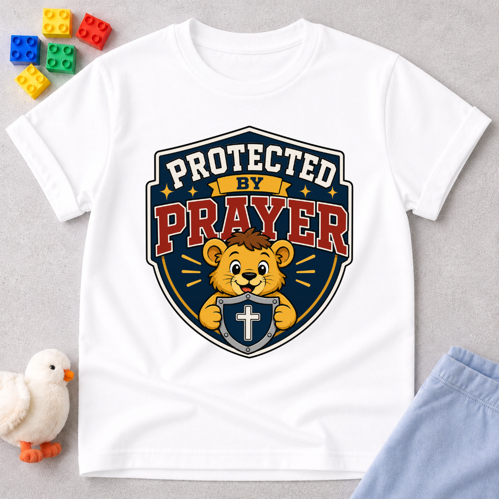 Protected by Prayer Shield Christian kids shirt in white featuring a lion inside a protective shield

