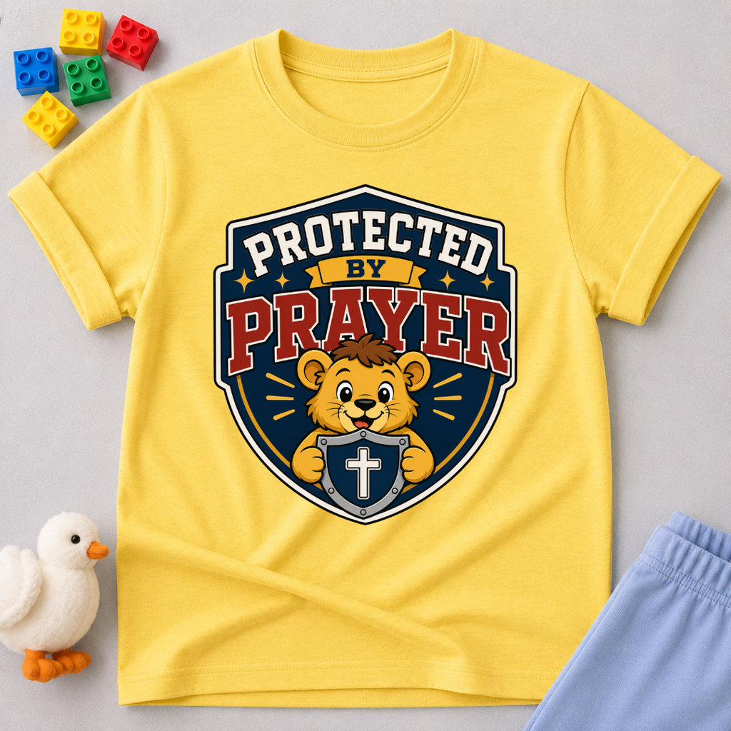Protected by Prayer Shield Christian kids shirt in yellow featuring a lion inside a protective shield
