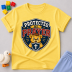 Protected by Prayer Shield Christian kids shirt in yellow featuring a lion inside a protective shield
