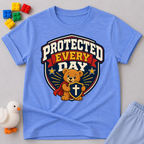 Protected Every Day Christian kids shirt in blue featuring a lion inside a protective shield
