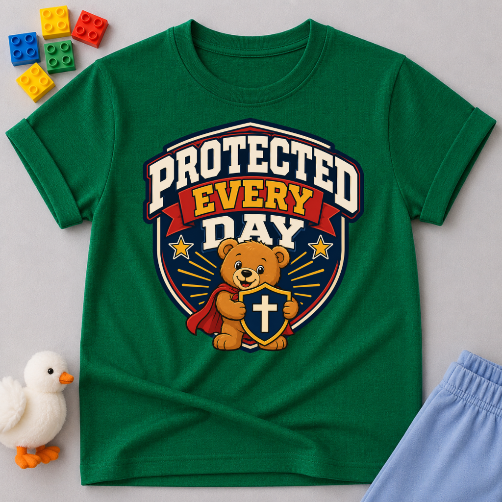 Protected Every Day Christian kids shirt in green featuring a lion inside a protective shield
