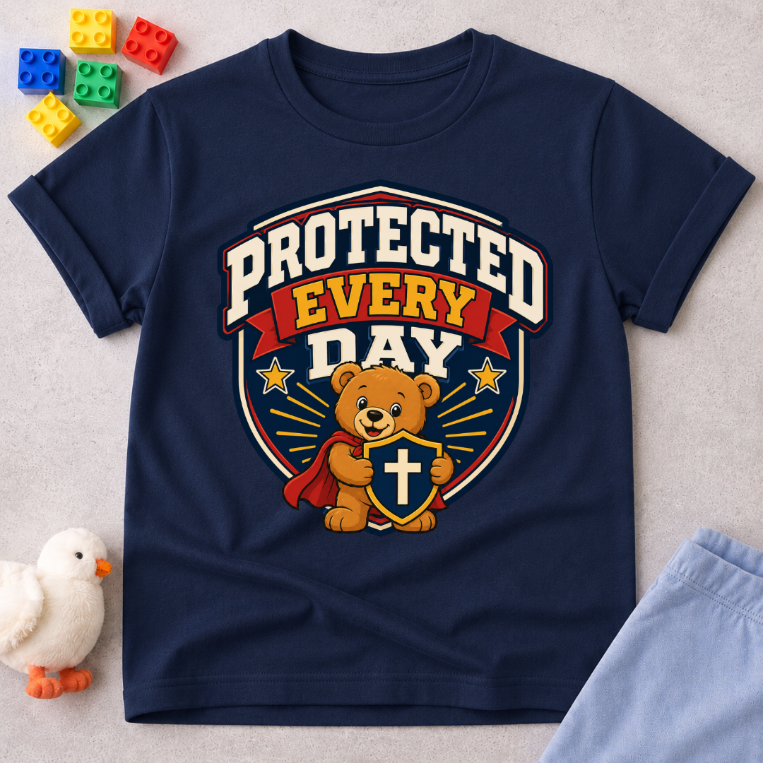 Protected Every Day Christian kids shirt in navy featuring a lion inside a protective shield
