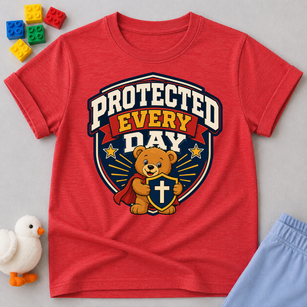 Protected Every Day Christian kids shirt in red featuring a lion inside a protective shield
