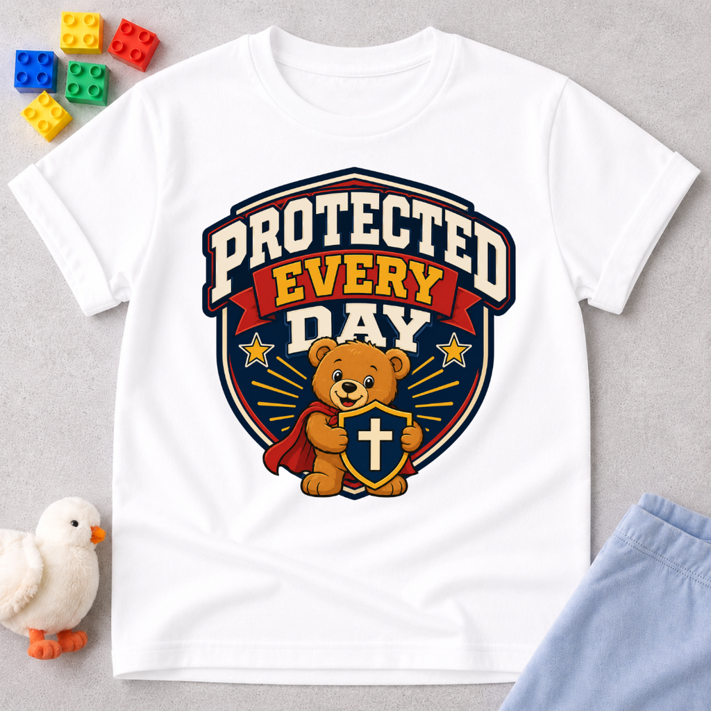 Protected Every Day Christian kids shirt in white featuring a lion inside a protective shield
