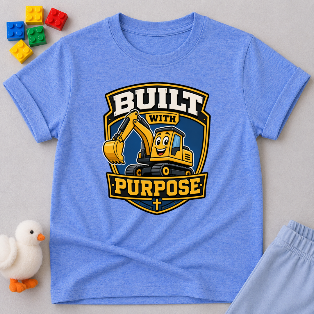 Purpose Built Excavator Christian kids shirt in blue featuring a smiling excavator and faith-inspired message
