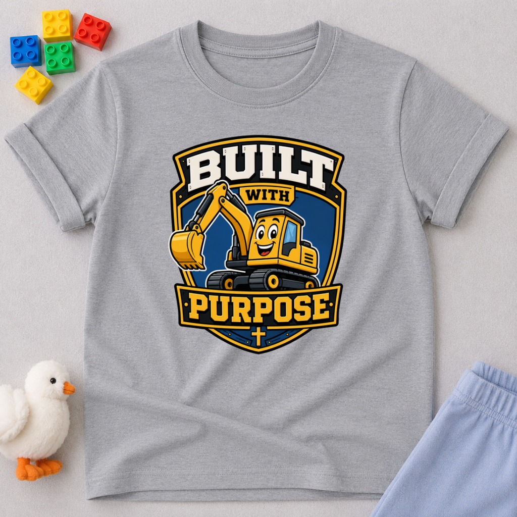 Purpose Built Excavator Christian kids shirt in gray featuring a smiling excavator and faith-inspired message
