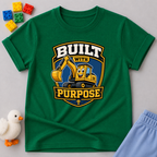 Purpose Built Excavator Christian kids shirt in green featuring a smiling excavator and faith-inspired message
