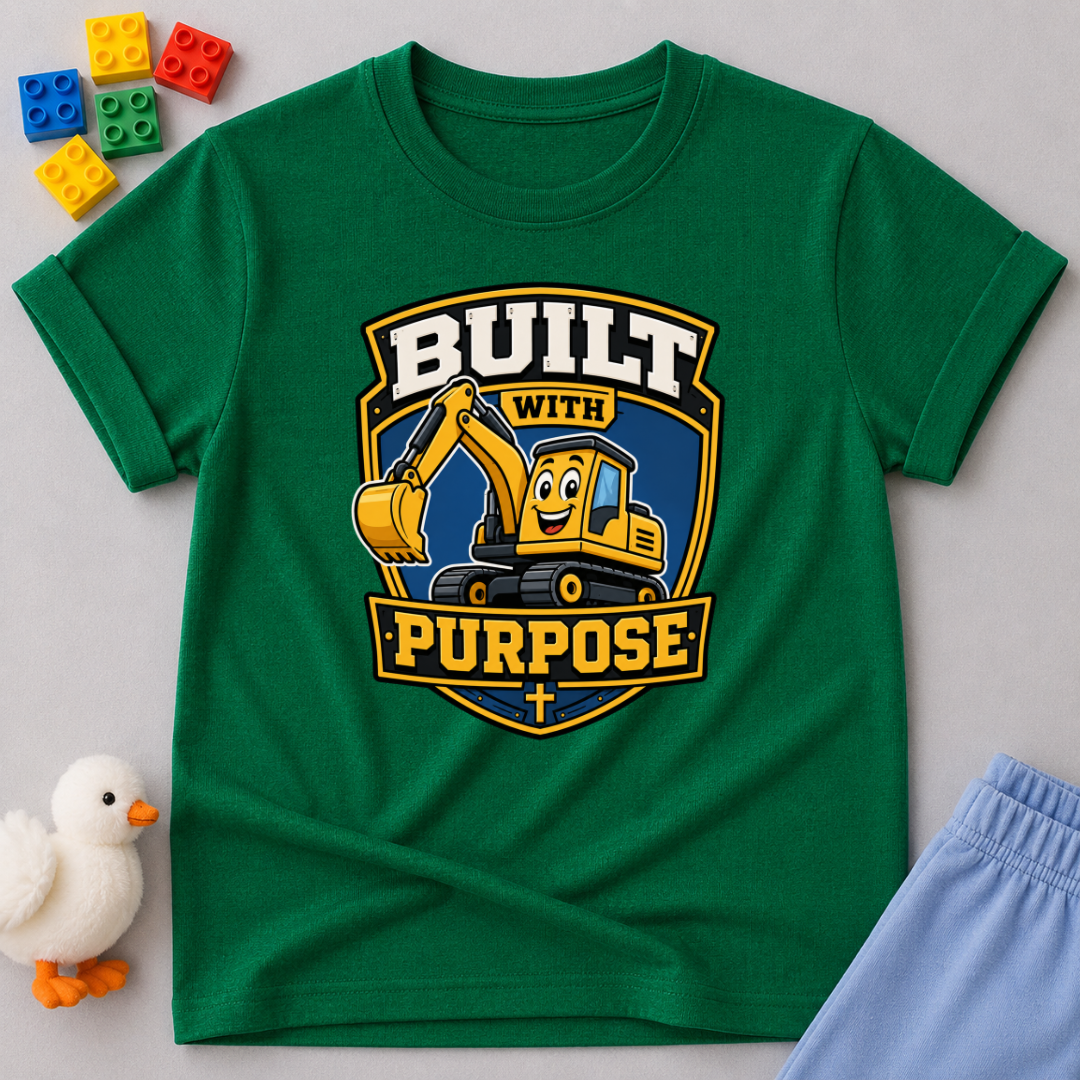 Purpose Built Excavator Christian kids shirt in green featuring a smiling excavator and faith-inspired message
