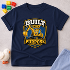 Purpose Built Excavator Christian kids shirt in navy featuring a smiling excavator and faith-inspired message
