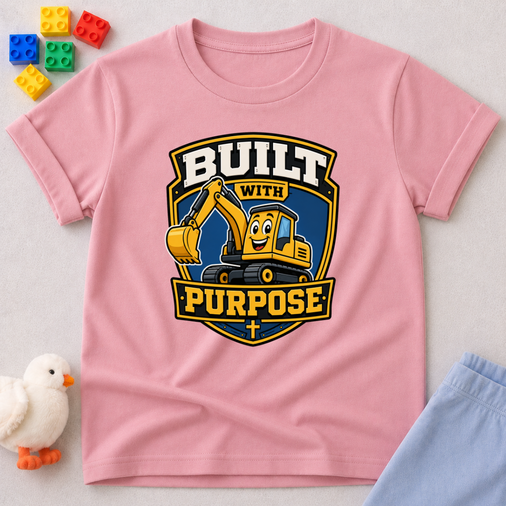 Purpose Built Excavator Christian kids shirt in pink featuring a smiling excavator and faith-inspired message
