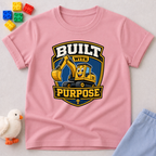 Purpose Built Excavator Christian kids shirt in pink featuring a smiling excavator and faith-inspired message
