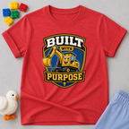 Purpose Built Excavator Christian kids shirt in red featuring a smiling excavator and faith-inspired message
