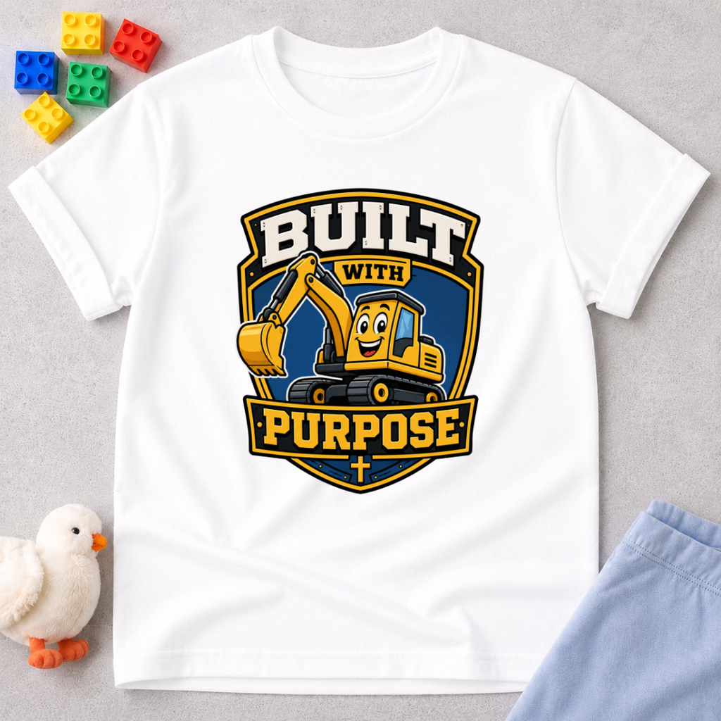 Purpose Built Excavator Christian kids shirt in white featuring a smiling excavator and faith-inspired message
