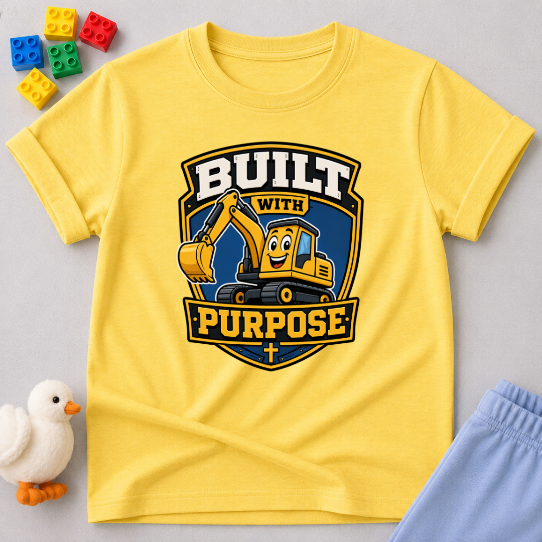 Purpose Built Excavator Christian kids shirt in yellow featuring a smiling excavator and faith-inspired message
