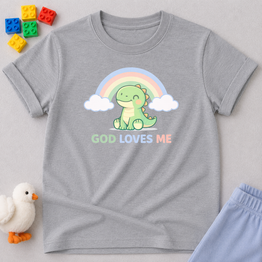 Rainbow Dino Loved By God Christian kids shirt in Gray featuring a smiling dinosaur under a rainbow with faith-inspired artwork