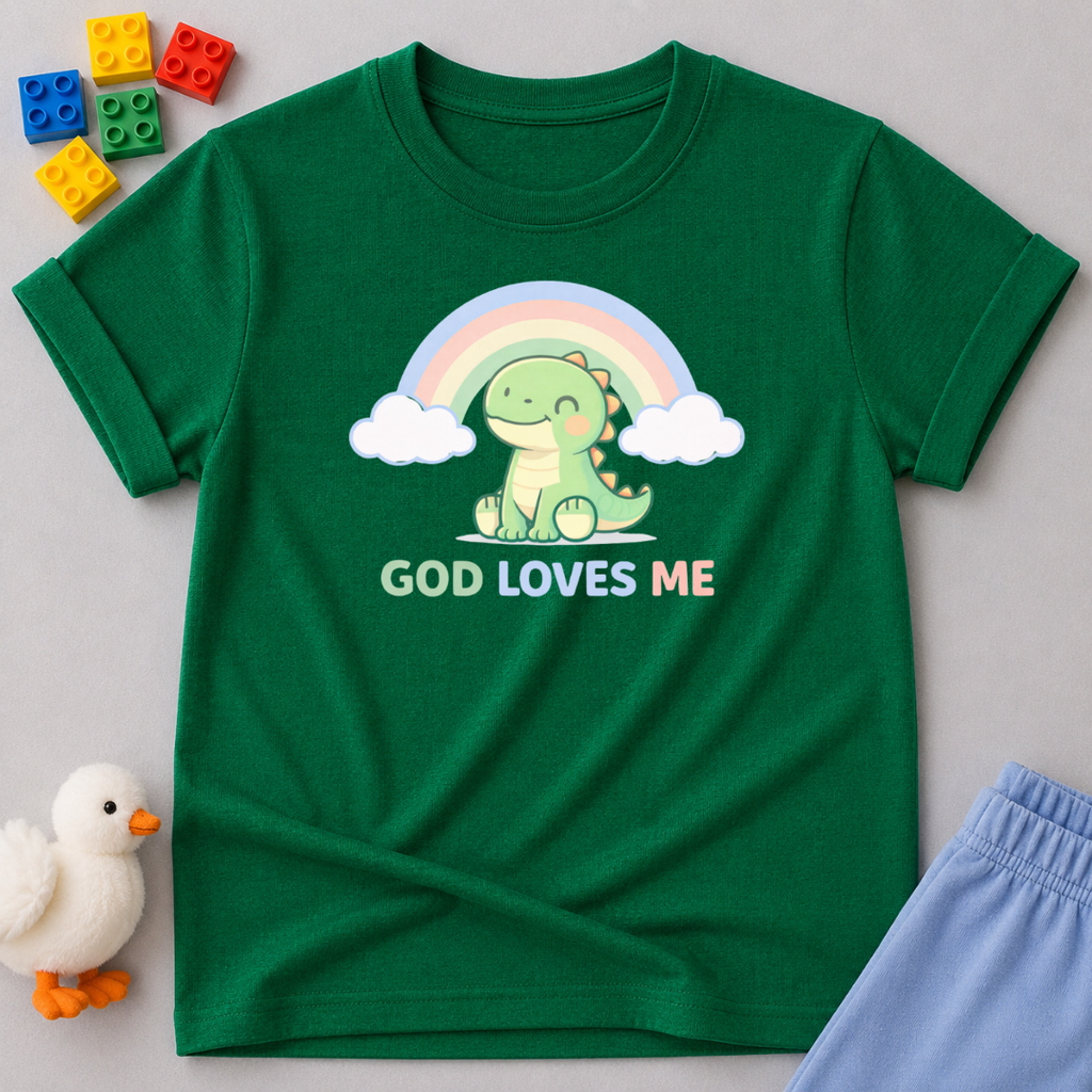Rainbow Dino Loved By God Christian kids shirt in Green featuring a smiling dinosaur under a rainbow with faith-inspired artwork