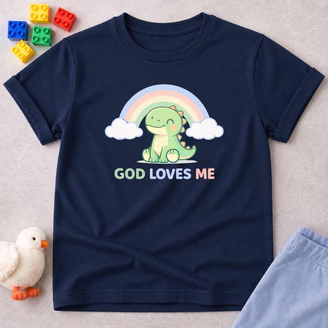 Rainbow Dino Loved By God Christian kids shirt in Navy featuring a smiling dinosaur under a rainbow with faith-inspired artwork