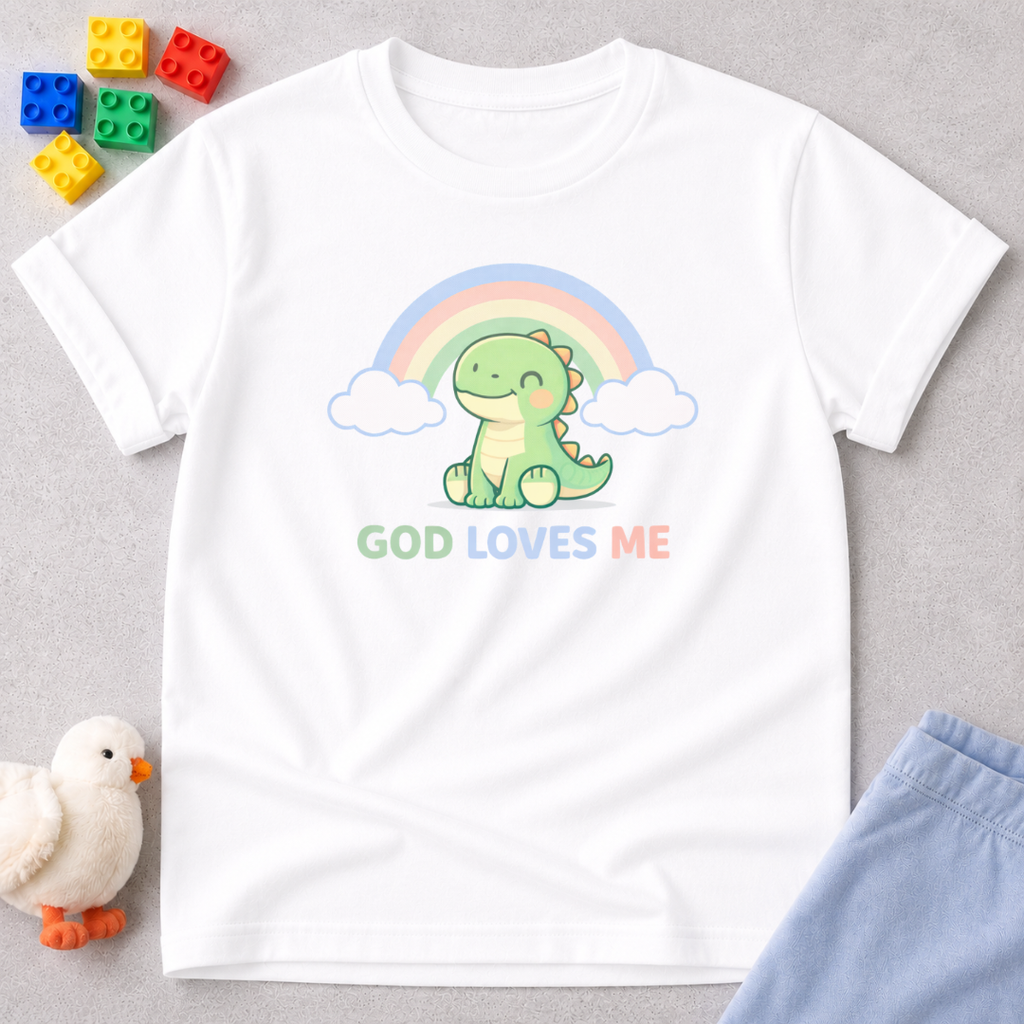Rainbow Dino Loved By God Christian kids shirt in White featuring a smiling dinosaur under a rainbow with faith-inspired artwork