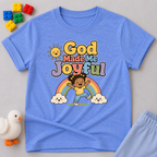 Rainbow Joy Faith Shirt Christian kids shirt in blue featuring a rainbow and joyful faith-inspired design
