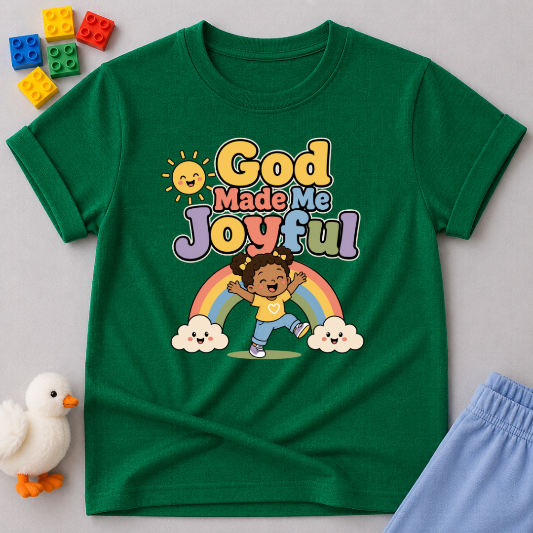 Rainbow Joy Faith Shirt Christian kids shirt in green featuring a rainbow and joyful faith-inspired design
