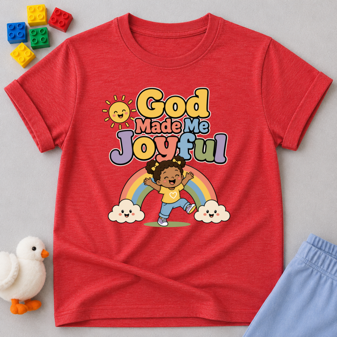 Rainbow Joy Faith Shirt Christian kids shirt in red featuring a rainbow and joyful faith-inspired design
