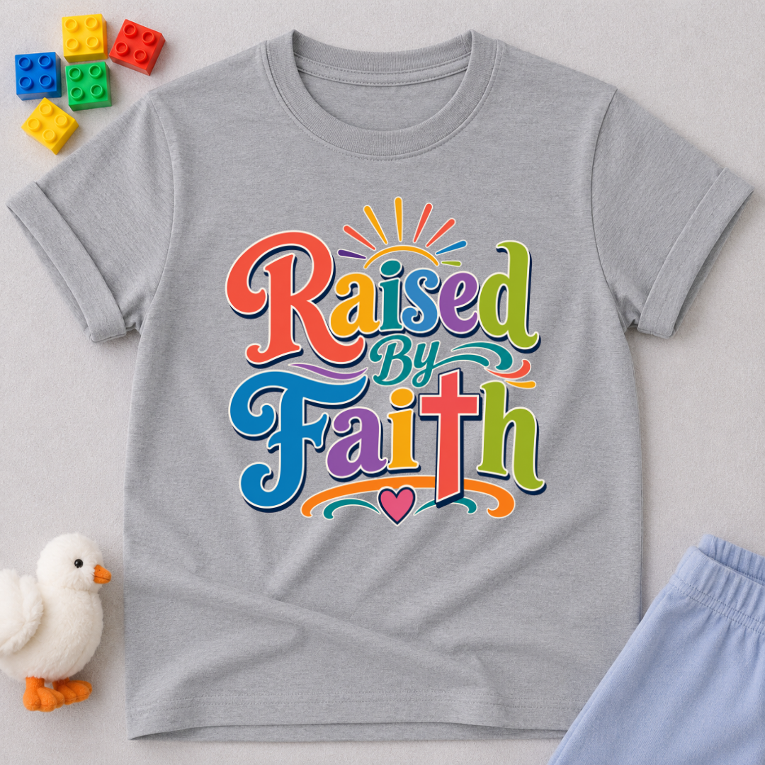 Raised by Faith Typography Christian kids shirt in gray featuring colorful faith-inspired lettering
