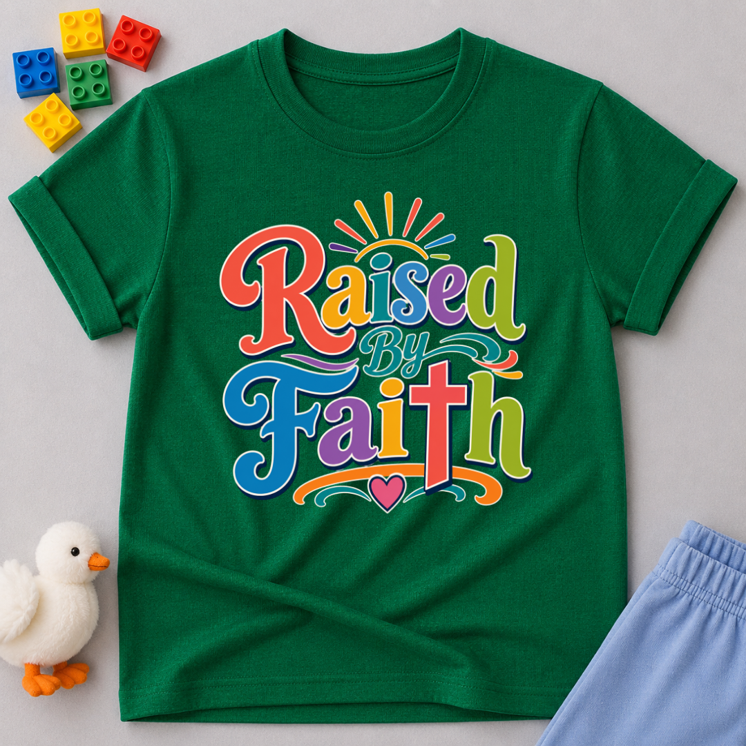 Raised by Faith Typography Christian kids shirt in green featuring colorful faith-inspired lettering
