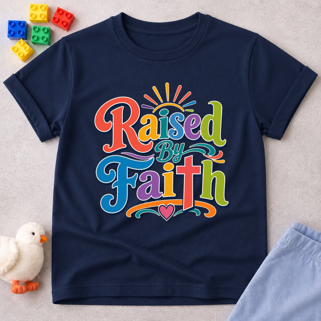 Raised by Faith Typography Christian kids shirt in navy featuring colorful faith-inspired lettering

