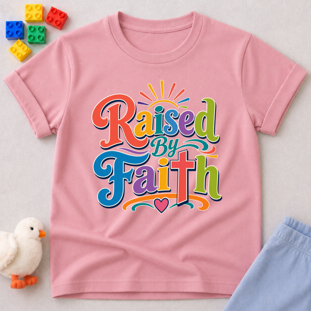 Raised by Faith Typography Christian kids shirt in pink featuring colorful faith-inspired lettering
