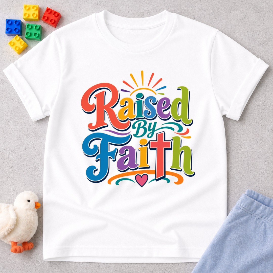 Raised by Faith Typography Christian kids shirt in white featuring colorful faith-inspired lettering
