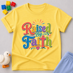 Raised by Faith Typography Christian kids shirt in yellow featuring colorful faith-inspired lettering
