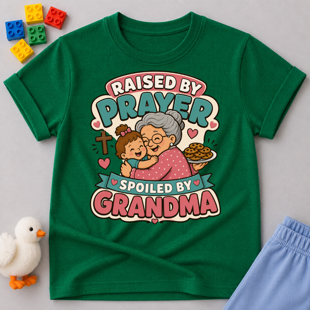 Raised by Prayer Spoiled by Grandma Christian kids shirt in green featuring a grandmother hugging a child
