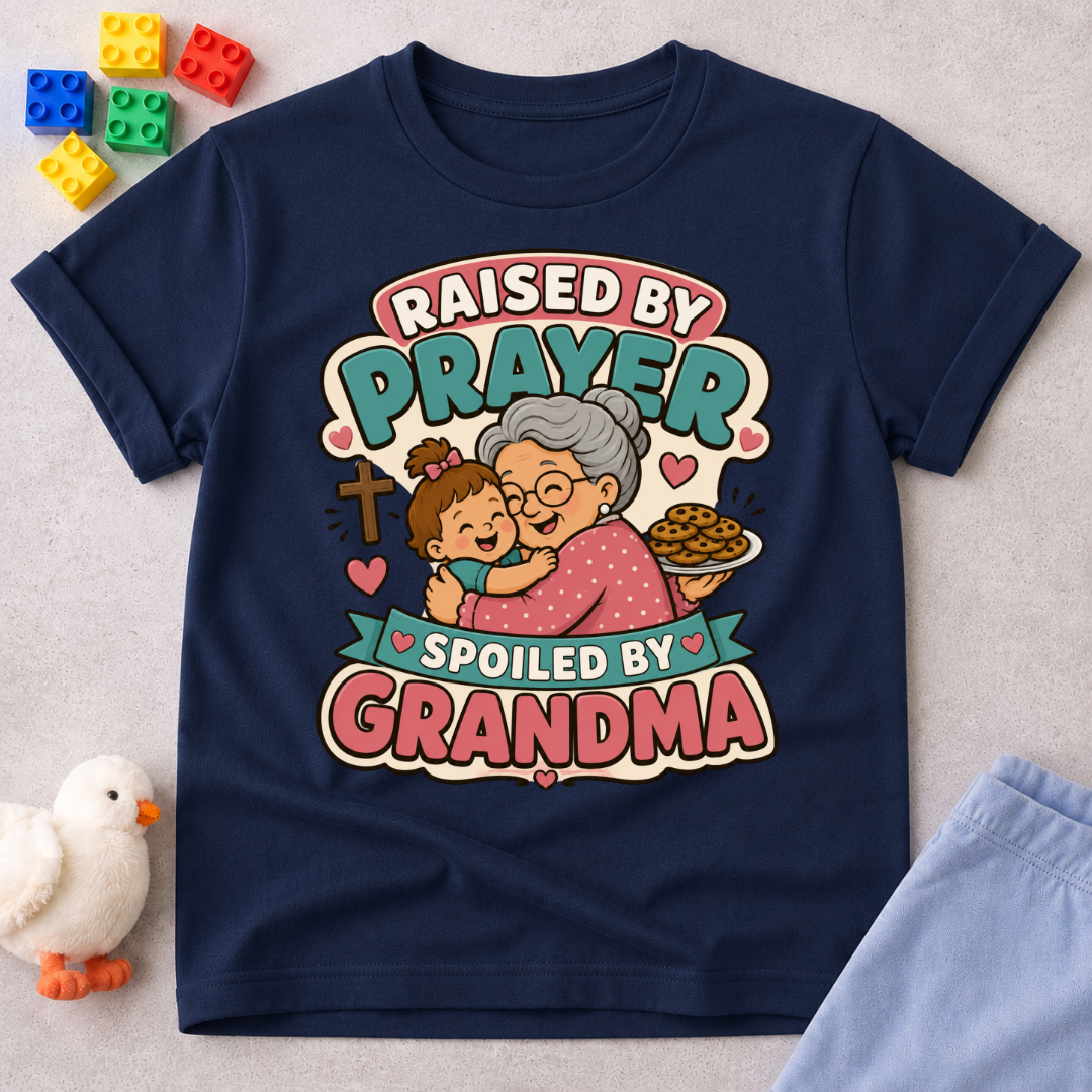 Raised by Prayer Spoiled by Grandma Christian kids shirt in navy featuring a grandmother hugging a child
