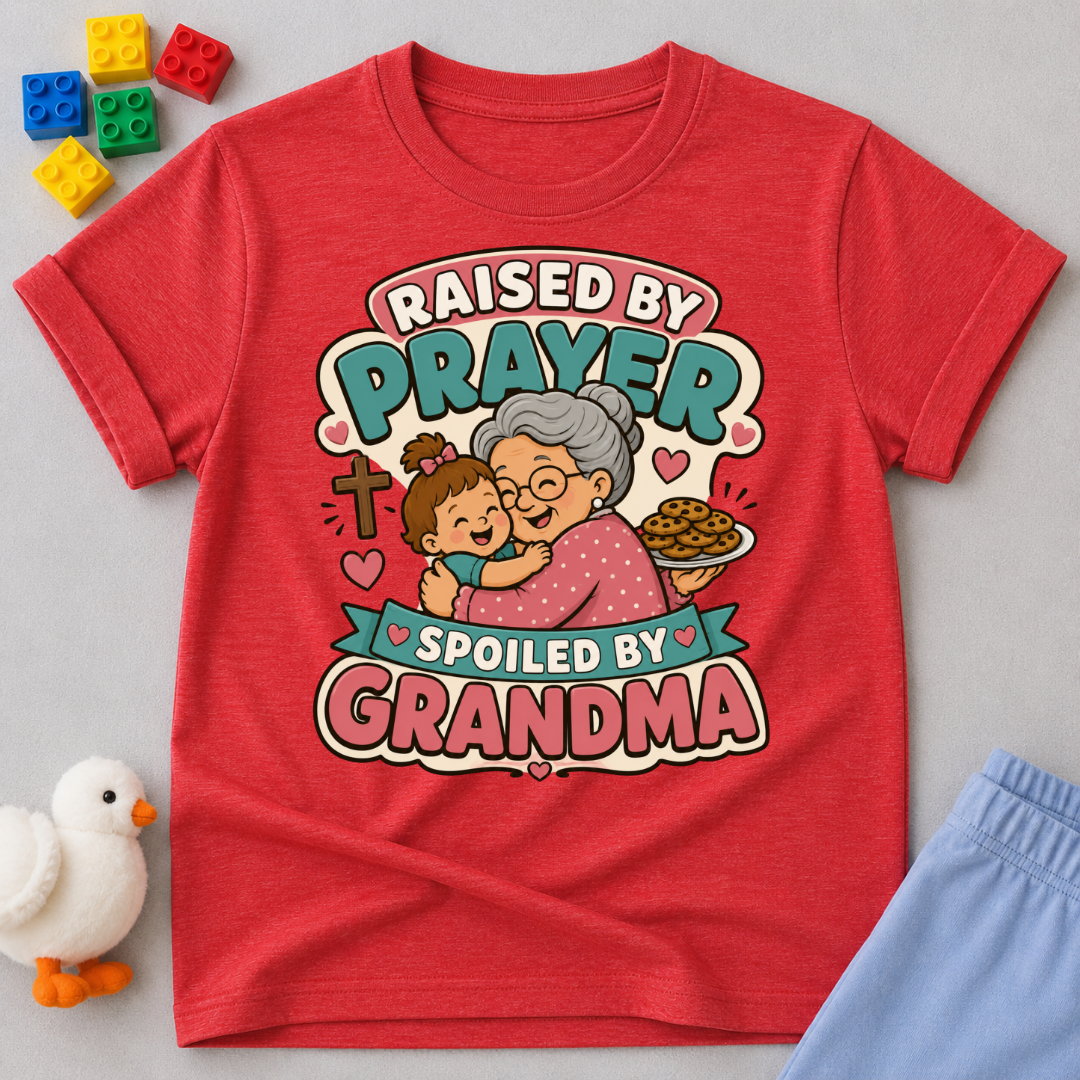 Raised by Prayer Spoiled by Grandma Christian kids shirt in red featuring a grandmother hugging a child
